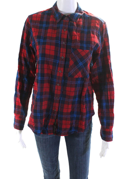 Xirena Womens Plaid Collared Long Sleeved Button Down Shirt Red Blue Size XS