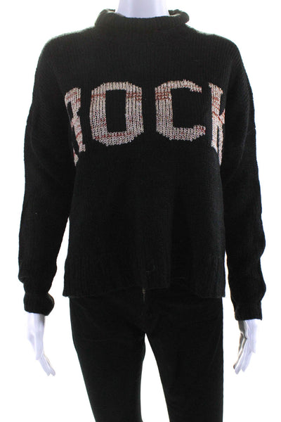 Elan Womens Metallic Rock Graphic Print Turtleneck Knit Sweater Top Black Size M