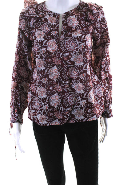 Antik Batik Womens Cotton Floral Print Long Sleeve Blouse Top Burgundy Size XS