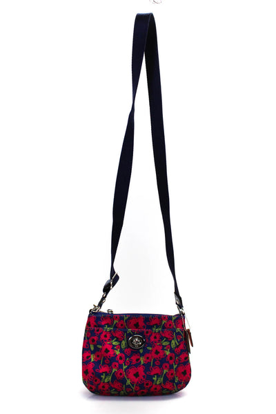 Coach Womens Satin Floral Print Crossbody Shoulder Handbag Navy Blue Pink