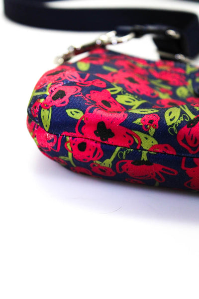 Coach Womens Satin Floral Print Crossbody Shoulder Handbag Navy Blue Pink