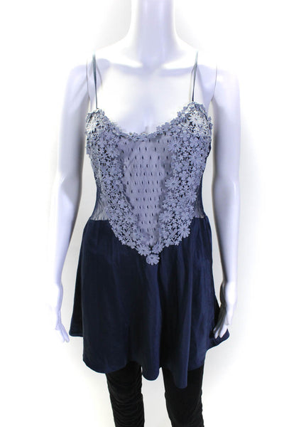 Flora Nikrooz Womens Spaghetti Strap Floral Embroidered Satin Dress Blue Large