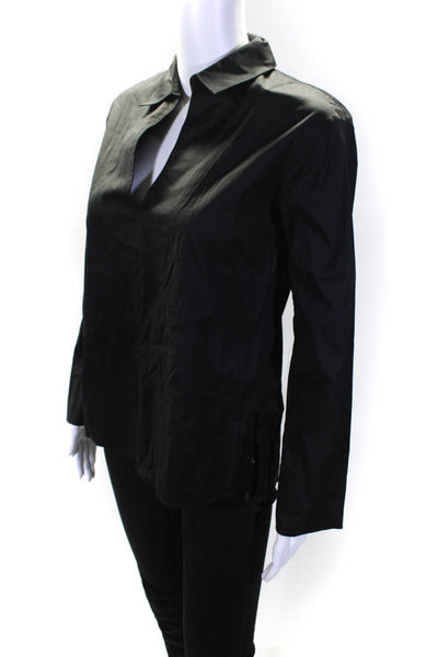 Vince Womens Long Sleeve Collared V Neck Boxy Shirt Black Cotton Size 2