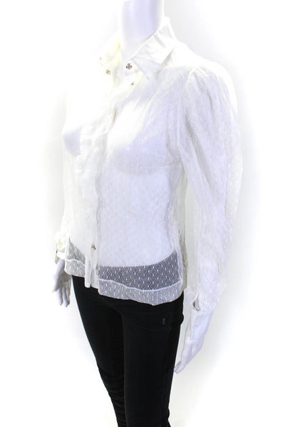 D. Exterior Womens Mesh Geometric Snap Buttoned Long Sleeve Blouse White Size S