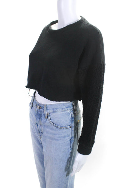 Donni Womens Cropped Terry Round Neck Long Sleeved Sweatshirt Black Size XS