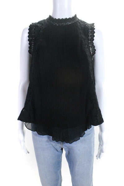 Gracia Womens Floral Lace Pleated Zippered High Neck Tank Blouse Black Size M