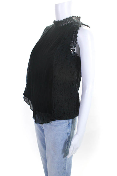 Gracia Womens Floral Lace Pleated Zippered High Neck Tank Blouse Black Size M