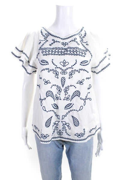 Parker Womens Embroidered Ruffled Short Sleeved Blouse White Navy Blue Size XS