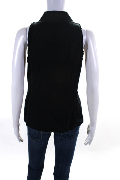 Magaschoni Women's Collar Sleeveless Button Up Embellish Blouse Black Size 8