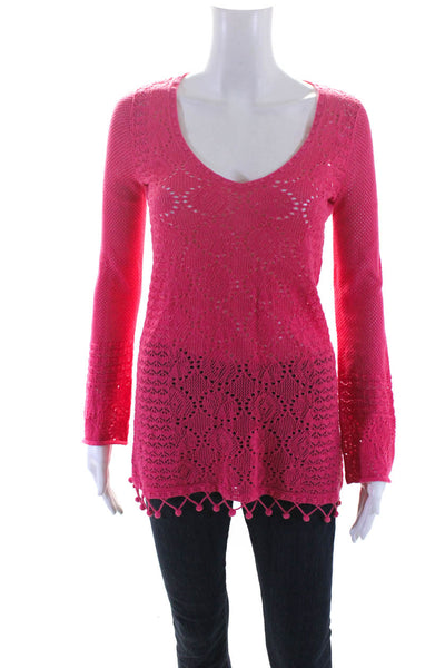 Lilly Pulitzer Womens Long Sleeve Open Knit V Neck Top Pink Cotton Size XS