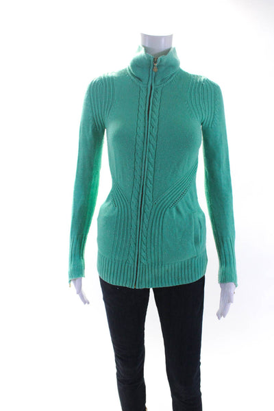 Lilly Pulitzer Womens Front Zip Collared Knit Sweater Teal Size Extra Small
