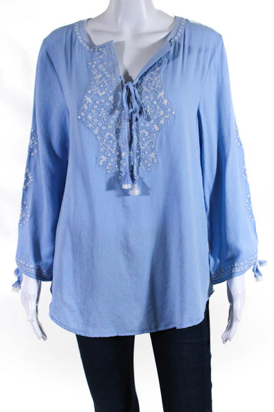 Rungolee Women's Round Neck Long Sleeves Embroidered Blouse Light Blue Size M