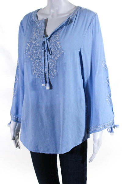 Rungolee Women's Round Neck Long Sleeves Embroidered Blouse Light Blue Size M