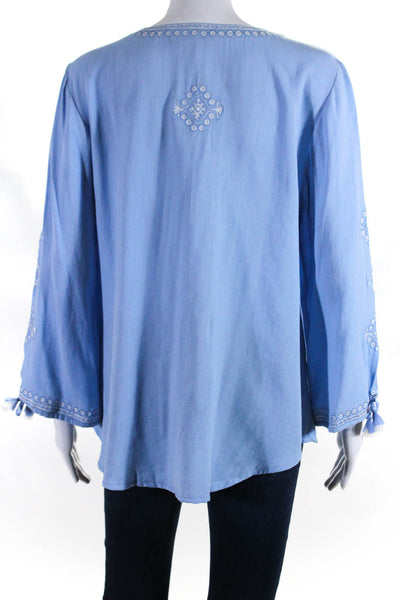 Rungolee Women's Round Neck Long Sleeves Embroidered Blouse Light Blue Size M