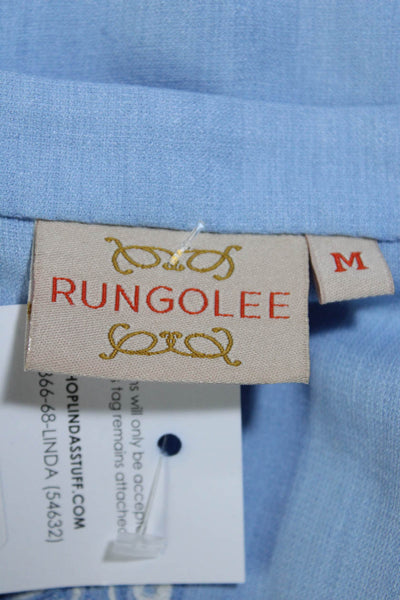 Rungolee Women's Round Neck Long Sleeves Embroidered Blouse Light Blue Size M