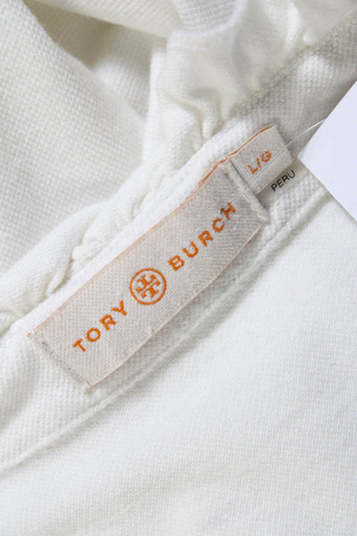 Tory Burch Women's Ruffle Neck Sleeveless Quarter Button Blouse White Size L