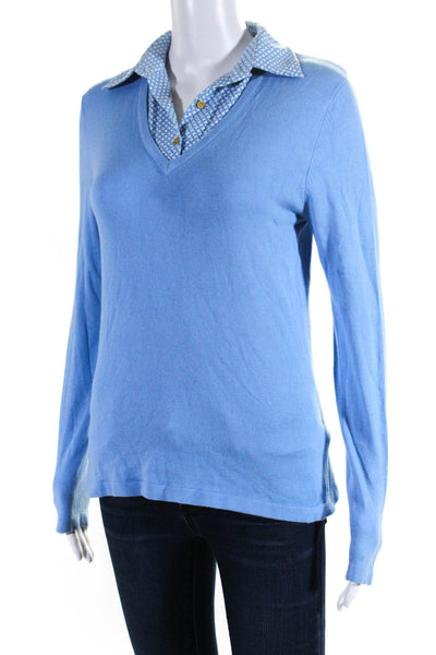 J. Mclaughlin Women's Cotton Long Sleeve Collared Knit Blouse Blue Size S