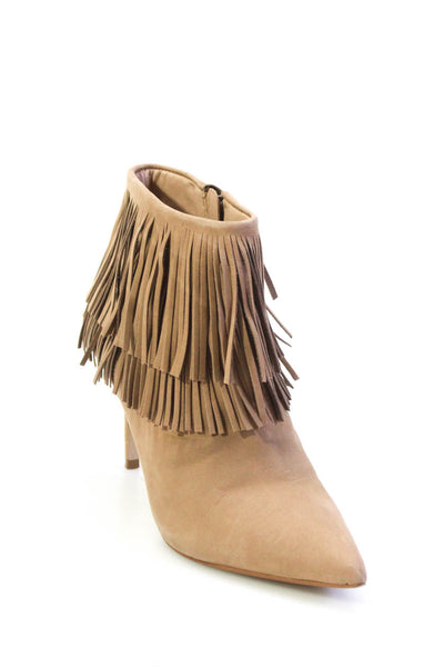 B Brian Atwood Womens Leather Fringe Trim Pointed Toe Ankle Boot Beige Size 7