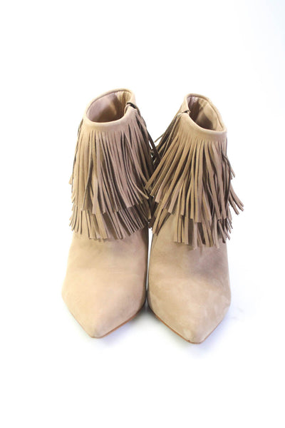 B Brian Atwood Womens Leather Fringe Trim Pointed Toe Ankle Boot Beige Size 7