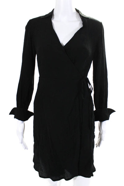 J Crew Womens Collared V-Neck Long Sleeve Knee Length Wrap Dress Black Size 00