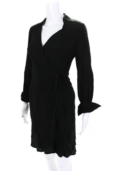 J Crew Womens Collared V-Neck Long Sleeve Knee Length Wrap Dress Black Size 00