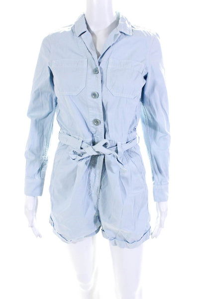 J Crew Womens Cotton Belted Collared Long Sleeve Button Up Romper Blue Size 00