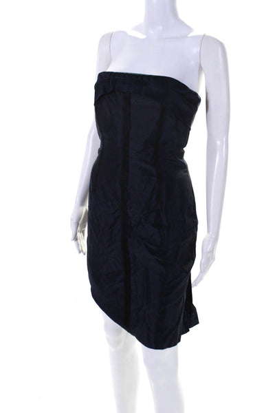 Redux Charles Chang-Lima Womens Strapless Satin Flare Sheath Dress Navy Size 4