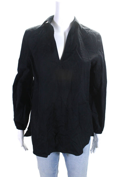 Vince Womens Cotton Collared V-Neck Bishop Long Sleeve Blouse Black Size XS