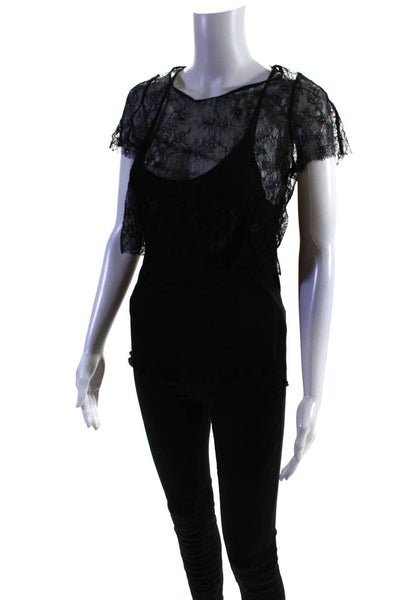 Maje Womens Lace Layered Round Neck Short Sleeve Blouse Top Black Size 1