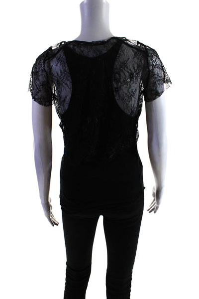 Maje Womens Lace Layered Round Neck Short Sleeve Blouse Top Black Size 1