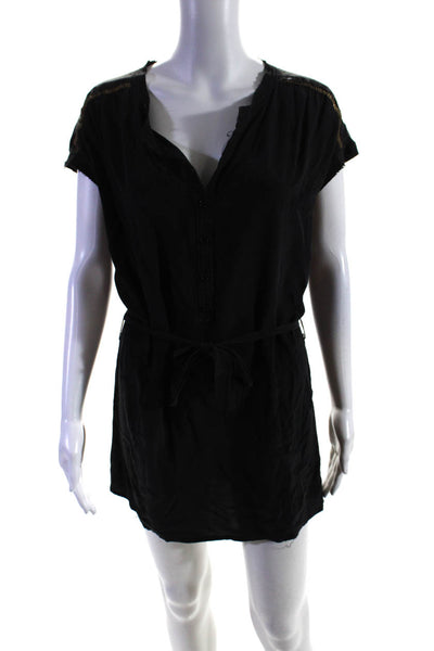 IRO Womens Silk Belted Round Neck Short Sleeve Button Up Dress Black Size 1