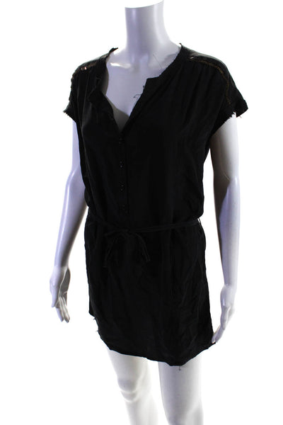 IRO Womens Silk Belted Round Neck Short Sleeve Button Up Dress Black Size 1