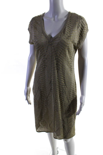 Missoni Women's Short Sleeve V-Neck Knit Shift Dress Gold Size 46