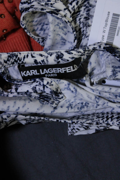 Karl Lagerfeld Women's Sleeveless Abstract Print Bow Blouse White/Blue Size L
