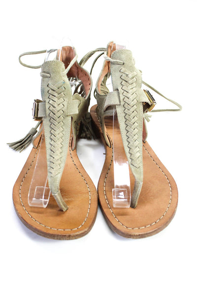 Sigerson Morrison Women's Suede Open Toe Strappy Fringe Sandals Gray Size 8