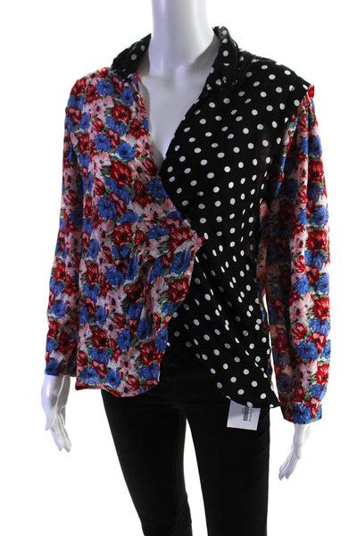 Rixo Womens Silk Polka Floral Print Long Sleeves Blouse Multicolored Size Small