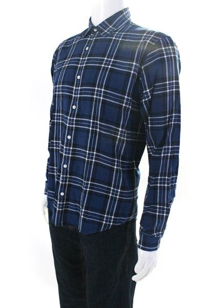 Sandro Paris Mens Cotton Plaid Long Sleeve Button Up Blouse Top Blue Size L