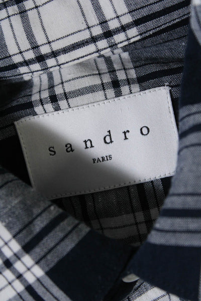 Sandro Paris Mens Cotton Plaid Long Sleeve Button Up Blouse Top Navy Size L