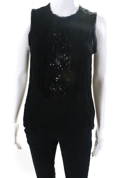 Vince Womens Silk Beaded Scoop Neck Sleeveless Pullover Blouse Top Black Size 4