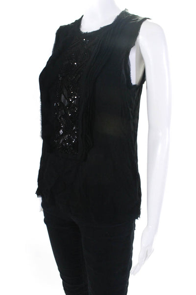 Vince Womens Silk Beaded Scoop Neck Sleeveless Pullover Blouse Top Black Size 4