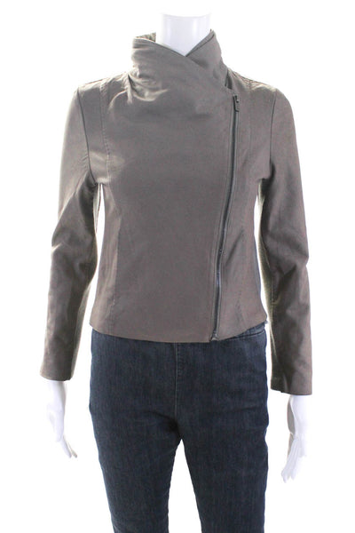 Vince Womens Leather Ribbed Trim Wrap Jacket Taupe Gray Size Large