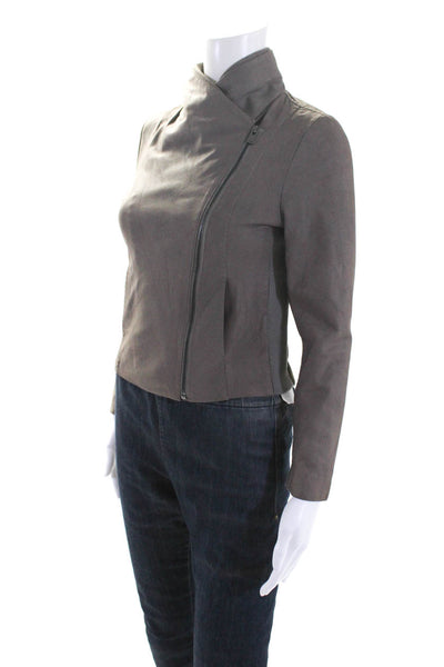 Vince Womens Leather Ribbed Trim Wrap Jacket Taupe Gray Size Large