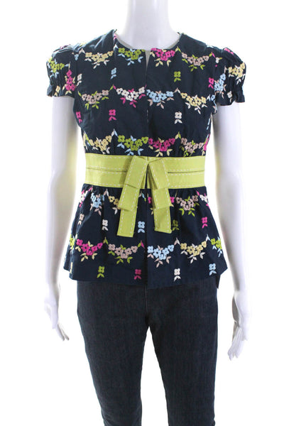 Nanette Lepore Womens Floral Embroidered Short Sleeves Jacket Navy Blue Size 2