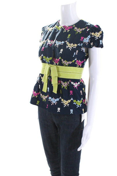 Nanette Lepore Womens Floral Embroidered Short Sleeves Jacket Navy Blue Size 2