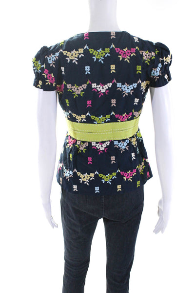 Nanette Lepore Womens Floral Embroidered Short Sleeves Jacket Navy Blue Size 2