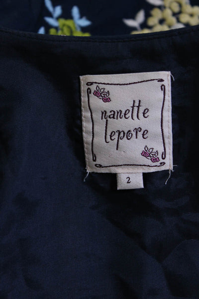 Nanette Lepore Womens Floral Embroidered Short Sleeves Jacket Navy Blue Size 2