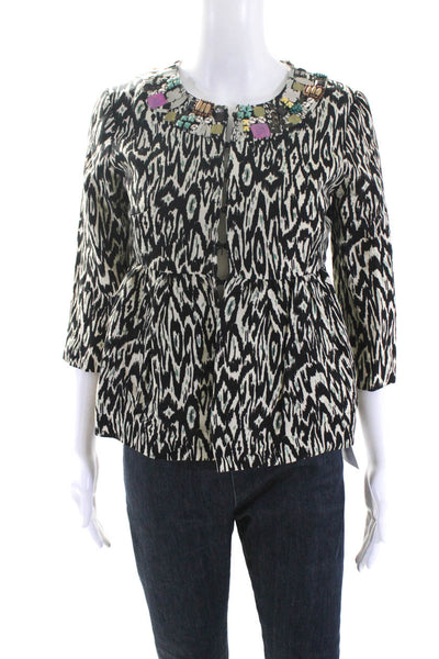 Nanette Lepore Womens Ikat Print Beaded Neckline Jacket White Black Size 0