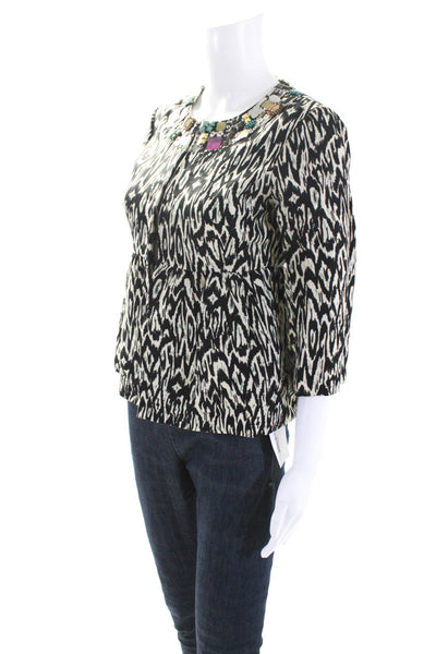 Nanette Lepore Womens Ikat Print Beaded Neckline Jacket White Black Size 0