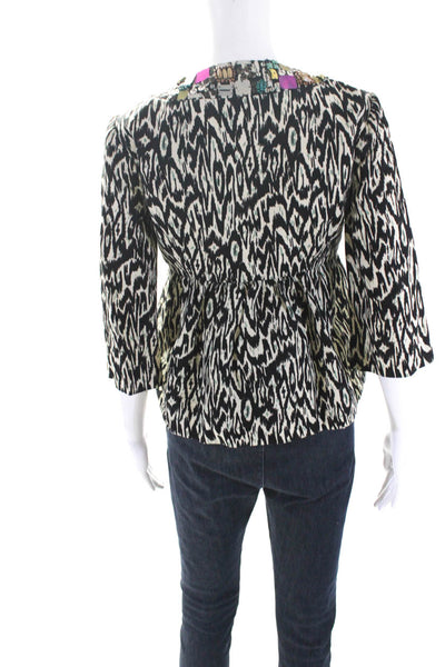 Nanette Lepore Womens Ikat Print Beaded Neckline Jacket White Black Size 0