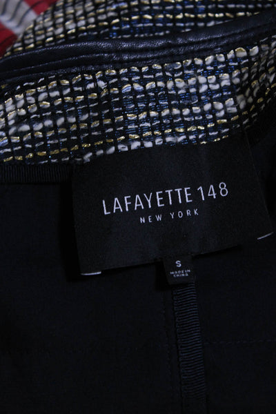Lafayette 148 New York Womens Tweed Open Front Jacket Blue Gold Size Small